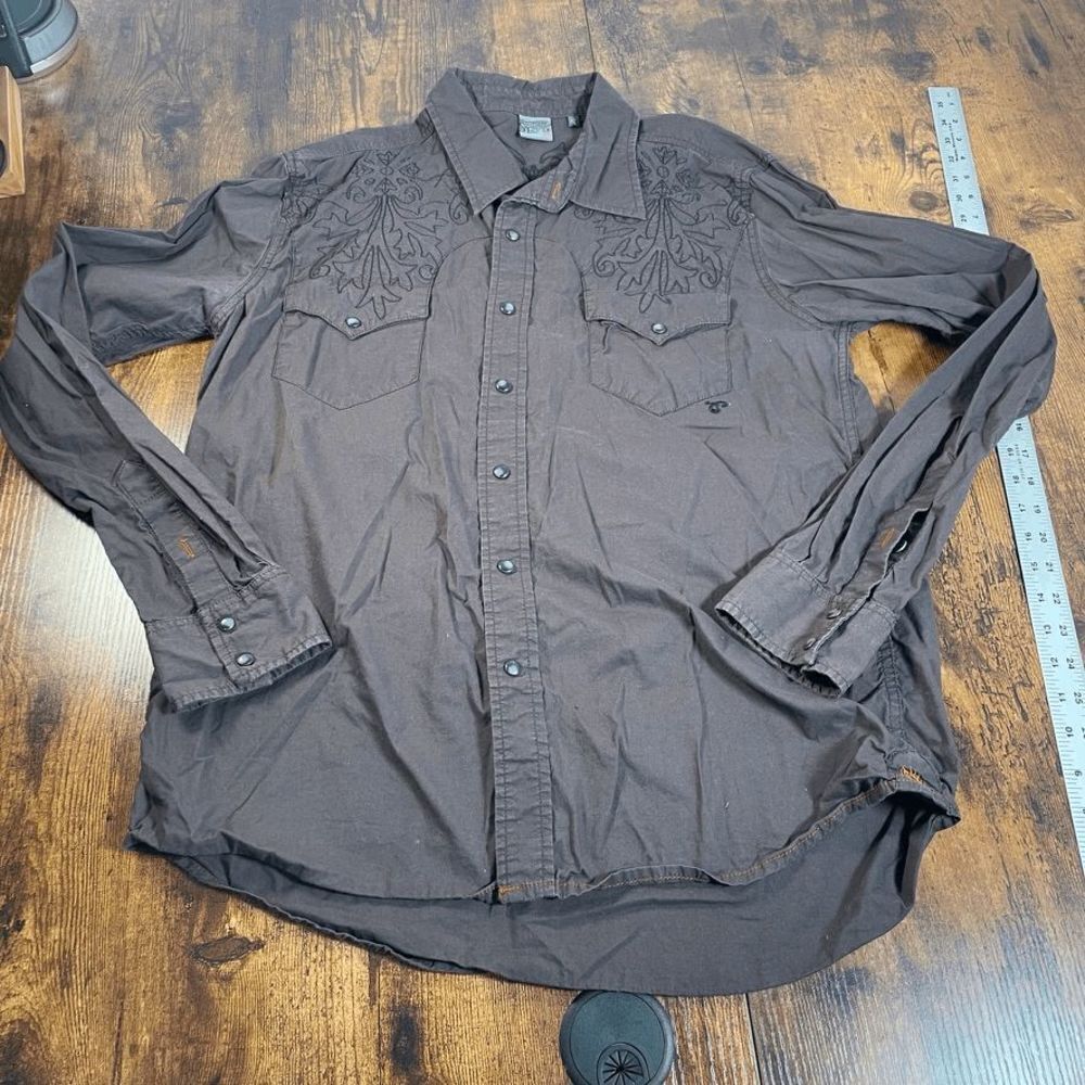 Southern Thread Shirt Mens Large Brown Pearl Snap Long Sleeve‎ Western Cowboy